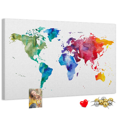 Tableau en liège carte du monde colorée à l'aquarelle
