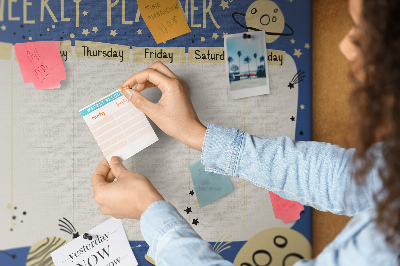 Tableau affichage liège Agenda cosmique hebdomadaire avec planètes et étoiles