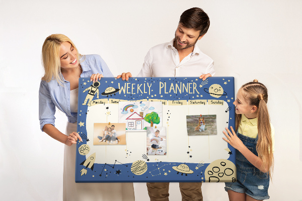 Tableau affichage liège Agenda cosmique hebdomadaire avec planètes et étoiles