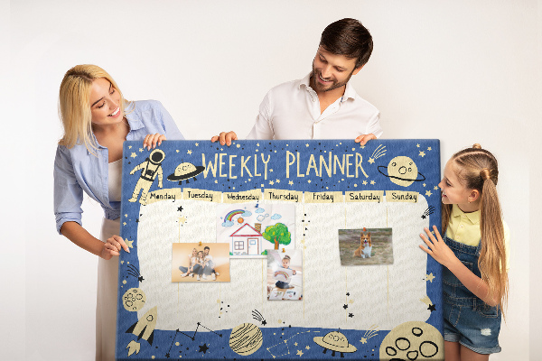 Tableau affichage liège Agenda cosmique hebdomadaire avec planètes et étoiles