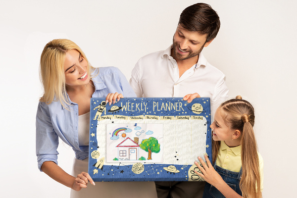 Tableau affichage liège Agenda cosmique hebdomadaire avec planètes et étoiles