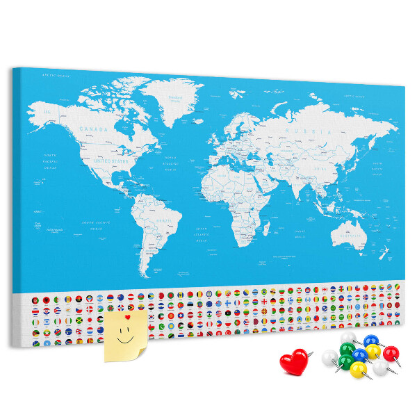 Tableau affichage liège Carte du monde colorée avec les drapeaux des pays