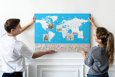 Tableau affichage liège Carte du monde colorée avec les drapeaux des pays
