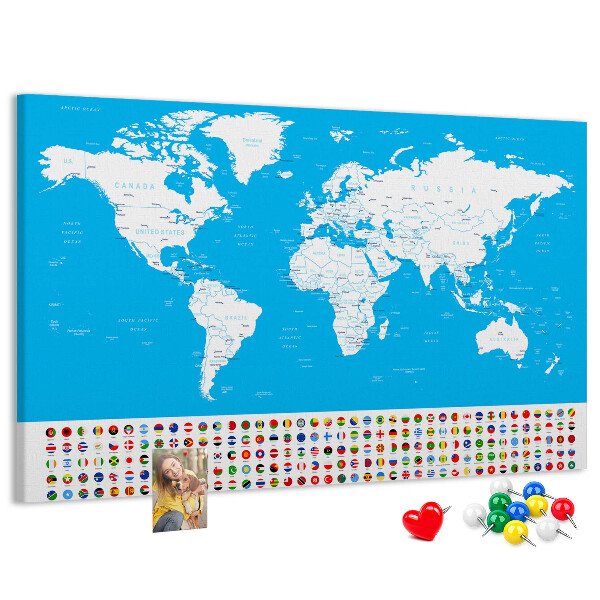 Tableau affichage liège Carte du monde colorée avec les drapeaux des pays