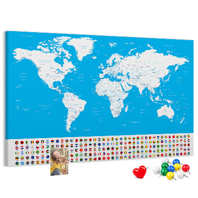 Tableau affichage liège Carte du monde colorée avec les drapeaux des pays