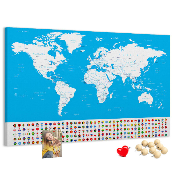 Tableau affichage liège Carte du monde colorée avec les drapeaux des pays