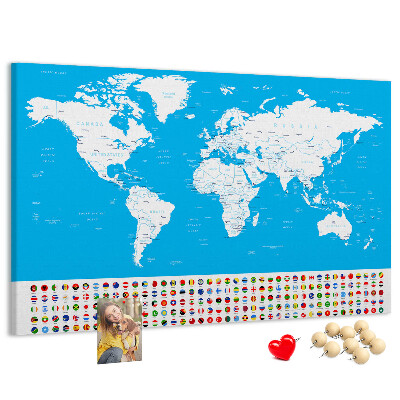 Tableau affichage liège Carte du monde colorée avec les drapeaux des pays