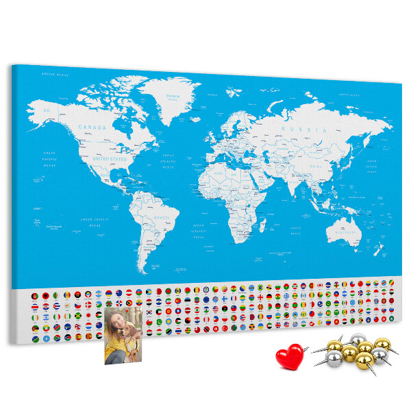 Tableau affichage liège Carte du monde colorée avec les drapeaux des pays