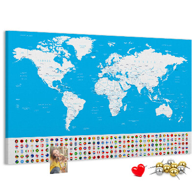 Tableau affichage liège Carte du monde colorée avec les drapeaux des pays
