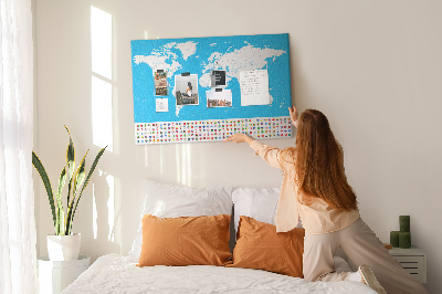 Tableau affichage liège Carte du monde colorée avec les drapeaux des pays