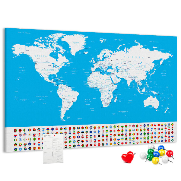 Tableau affichage liège Carte du monde colorée avec les drapeaux des pays
