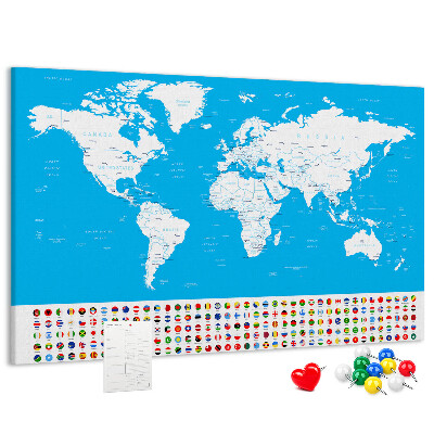 Tableau affichage liège Carte du monde colorée avec les drapeaux des pays