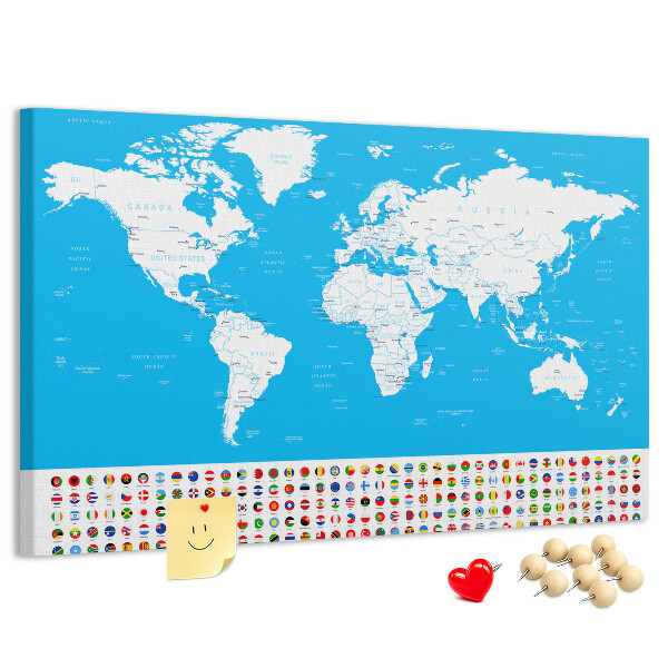 Tableau affichage liège Carte du monde colorée avec les drapeaux des pays