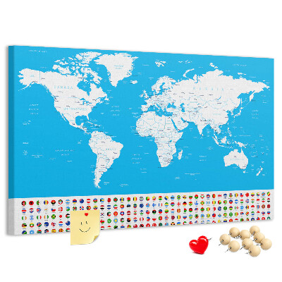 Tableau affichage liège Carte du monde colorée avec les drapeaux des pays