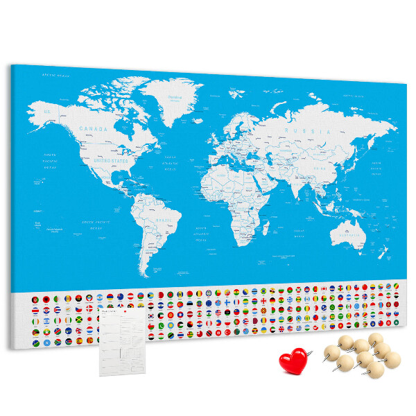 Tableau affichage liège Carte du monde colorée avec les drapeaux des pays