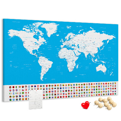 Tableau affichage liège Carte du monde colorée avec les drapeaux des pays