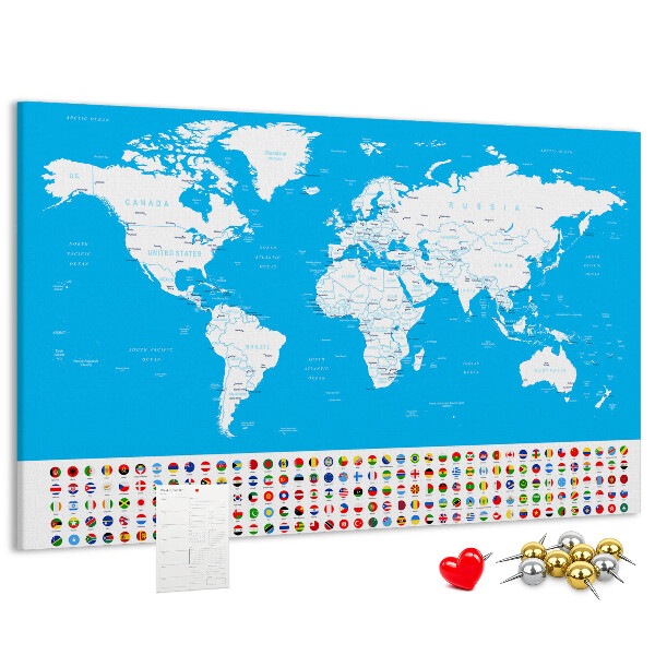 Tableau affichage liège Carte du monde colorée avec les drapeaux des pays