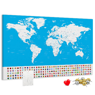 Tableau affichage liège Carte du monde colorée avec les drapeaux des pays