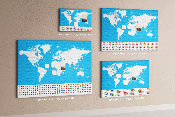 Tableau affichage liège Carte du monde colorée avec les drapeaux des pays