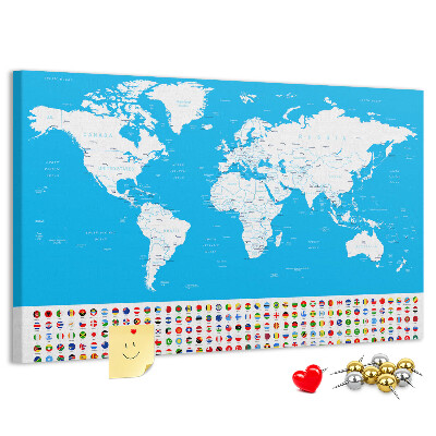 Tableau affichage liège Carte du monde colorée avec les drapeaux des pays