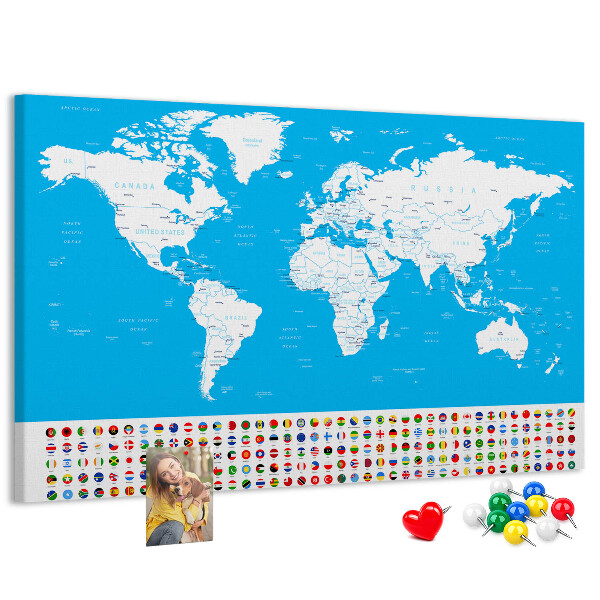 Tableau affichage liège Carte du monde colorée avec les drapeaux des pays