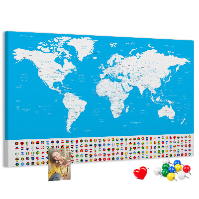 Tableau affichage liège Carte du monde colorée avec les drapeaux des pays