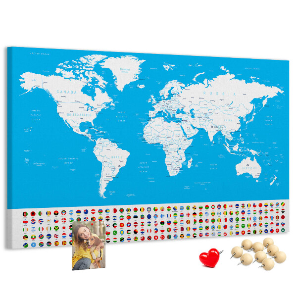 Tableau affichage liège Carte du monde colorée avec les drapeaux des pays