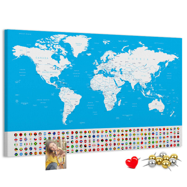 Tableau affichage liège Carte du monde colorée avec les drapeaux des pays