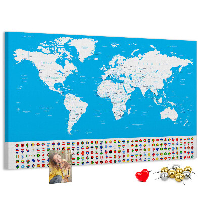 Tableau affichage liège Carte du monde colorée avec les drapeaux des pays