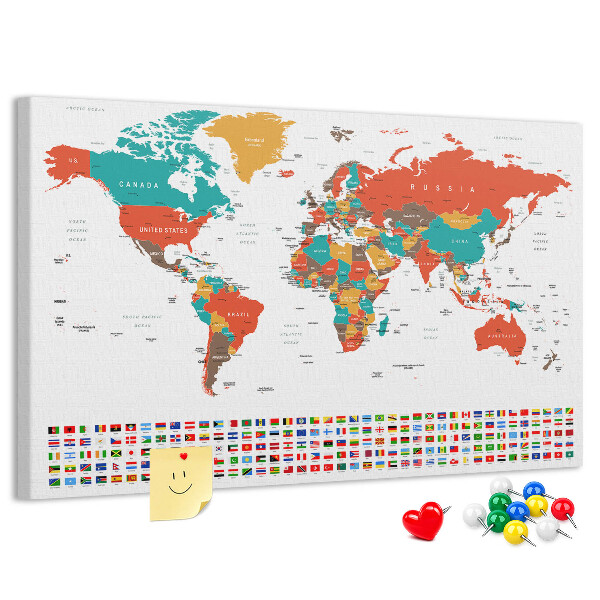 Tableau de liège Carte du monde avec les drapeaux des pays