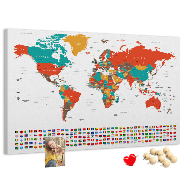 Tableau de liège Carte du monde avec les drapeaux des pays