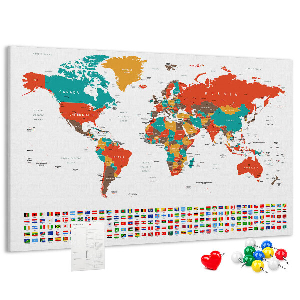 Tableau de liège Carte du monde avec les drapeaux des pays