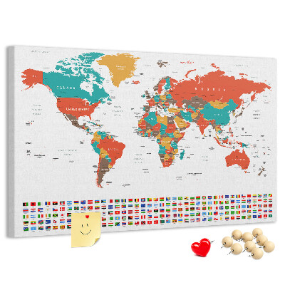 Tableau de liège Carte du monde avec les drapeaux des pays