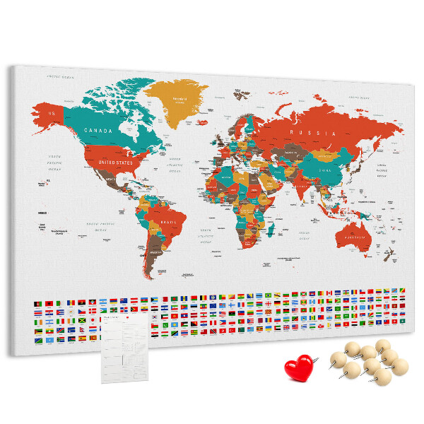 Tableau de liège Carte du monde avec les drapeaux des pays