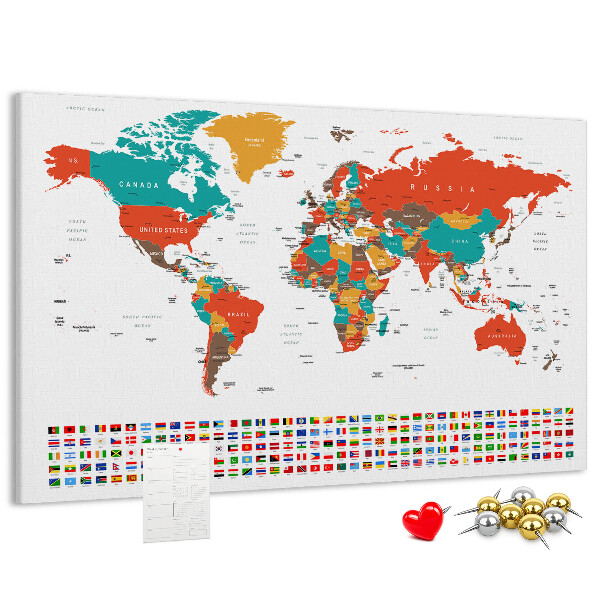 Tableau de liège Carte du monde avec les drapeaux des pays