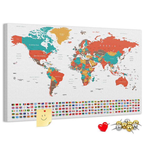 Tableau de liège Carte du monde avec les drapeaux des pays