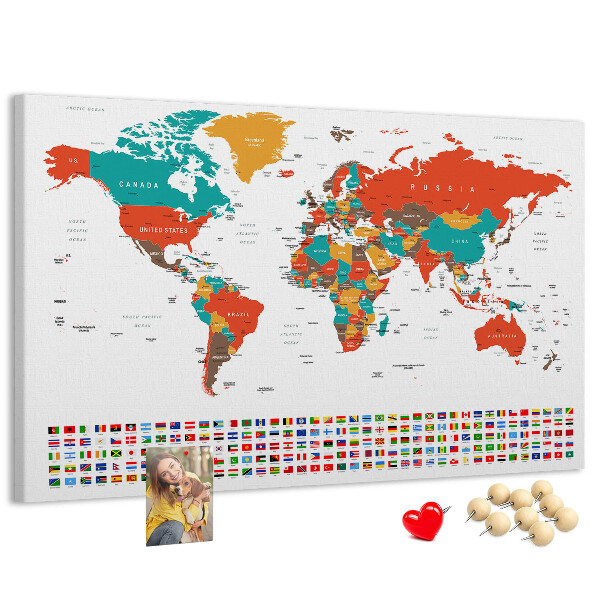 Tableau de liège Carte du monde avec les drapeaux des pays