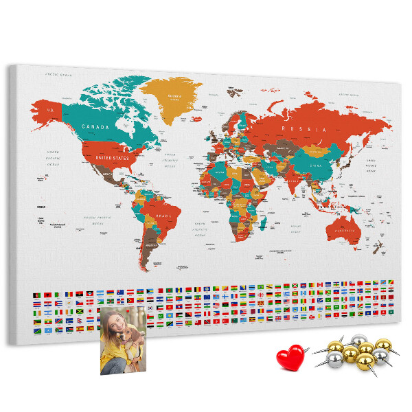 Tableau de liège Carte du monde avec les drapeaux des pays