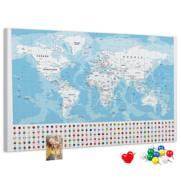 Tableau en liège Carte du monde avec épingles de couleur