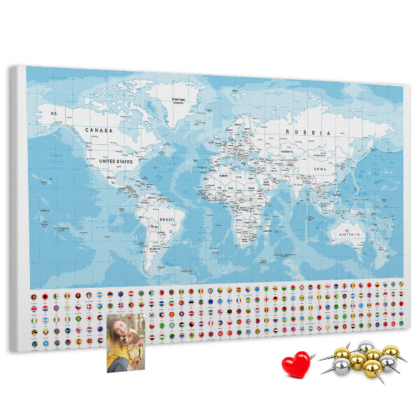 Tableau en liège Carte du monde avec épingles de couleur