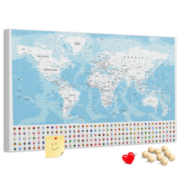 Tableau en liège Carte du monde avec épingles de couleur