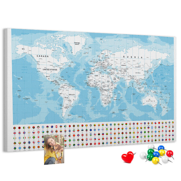 Tableau en liège Carte du monde avec épingles de couleur