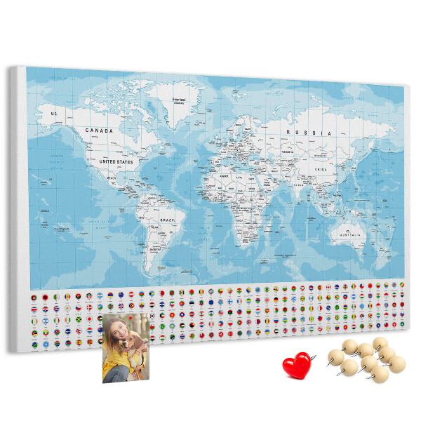 Tableau en liège Carte du monde avec épingles de couleur