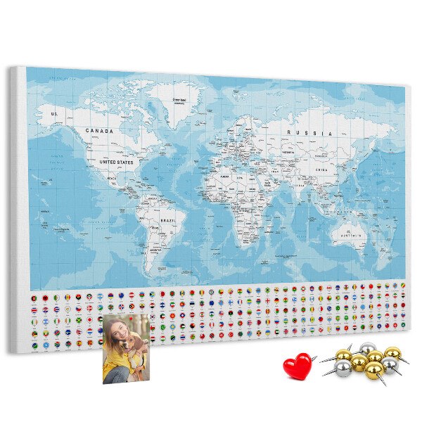 Tableau en liège Carte du monde avec épingles de couleur
