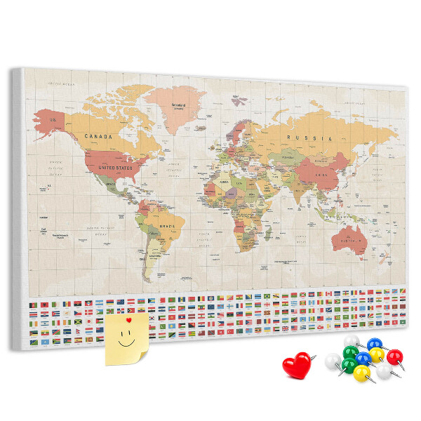 Tableau affichage liège Carte du monde avec drapeaux des pays en couleur