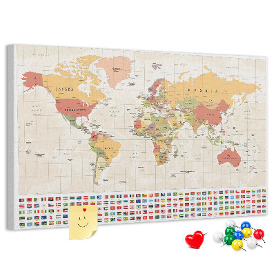 Tableau affichage liège Carte du monde avec drapeaux des pays en couleur