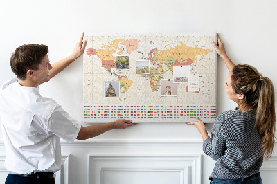 Tableau affichage liège Carte du monde avec drapeaux des pays en couleur