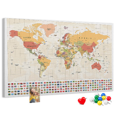 Tableau affichage liège Carte du monde avec drapeaux des pays en couleur