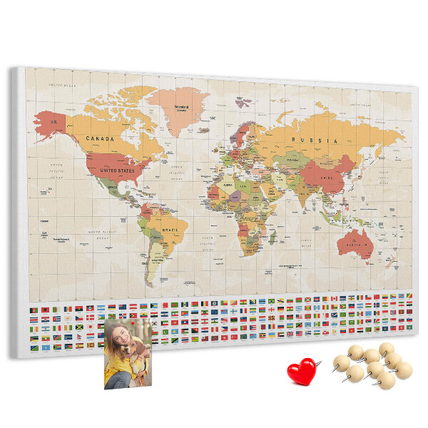 Tableau affichage liège Carte du monde avec drapeaux des pays en couleur
