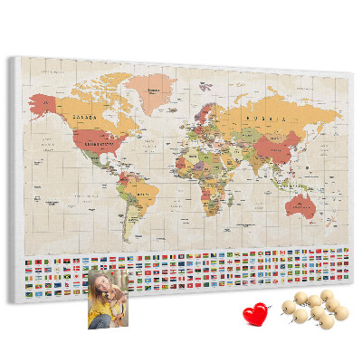 Tableau affichage liège Carte du monde avec drapeaux des pays en couleur